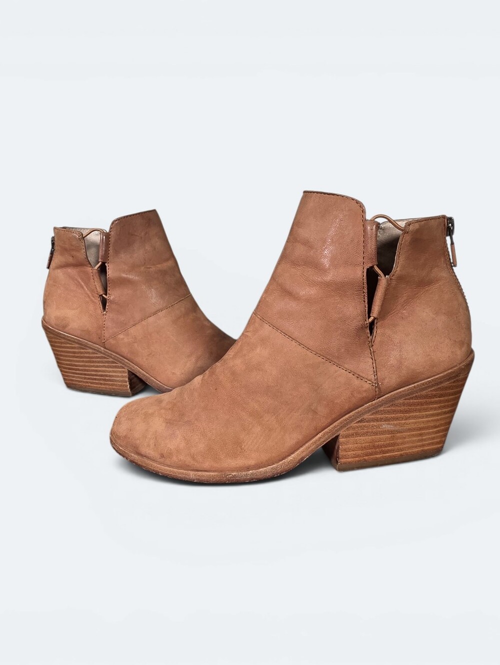 Eileen Fisher "Tote" Tumbled Nubuck Leather Wedge Ankle Booties Tan Size 7